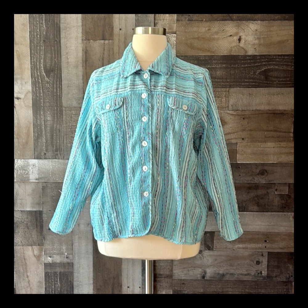 Vintage 80s blue button up shirt large rainbow stripes coastal grandma cottage